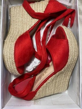 Allegra K Red Espadrille Wedge Sandals with Wrap Ankle Ties